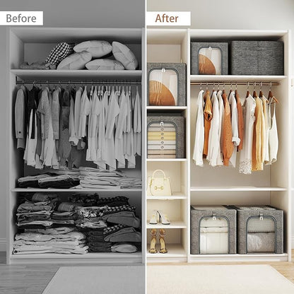 GoMaihe Clothes Storage Bin with Metal Frame: 4-Pack Stackable Closet Storage Bin with Lid & Clear Window, Sweater Boxes Storage for Closet Clothing Bedding Storage Organizer 40L