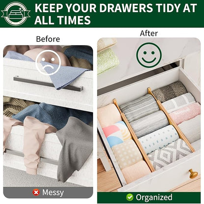 6 Pack Bamboo Drawer Dividers 2.6" High,17-22" Adjustable Spring Loaded Clothes Drawer Organizers for Kitchen, Dresser, Bathroom, Bedroom and Office