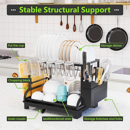 HomeCurated 2-Tier Foldable Dish Drying Rack with Drainboard, Stainless Steel Large Capacity Kitchen Counter Organizer with Cup Holder, Utensil & Cutting Board Storage, No Assembly Required, Black