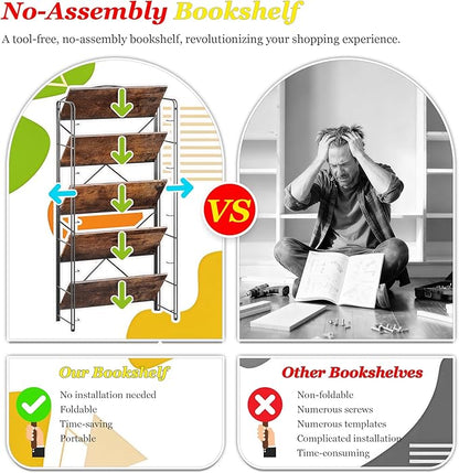 UDD Folding Bookshelf No Assembly, 54.1"H x 23.7"W, 5 Shelf Foldable Bookcase Industrial Collapsible Bookshelves, Open Storage Book Shelves for Small Spaces Home Office Living Room, Rustic Brown Black