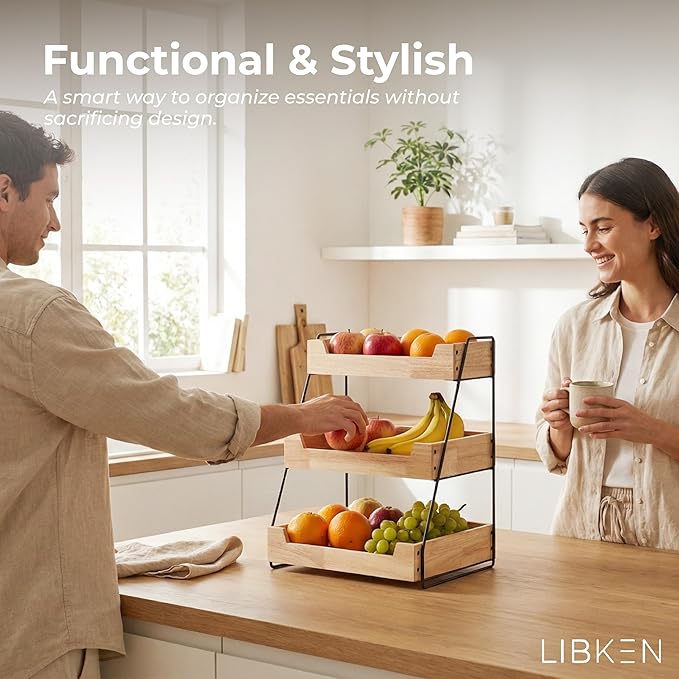 3-Tier Wooden Fruit Basket – Rubberwood Countertop Produce Storage with Metal Frame – Minimal Scandinavian Design Fruit Stand for Kitchen Counter, Space-Saving Tiered Basket Organizer
