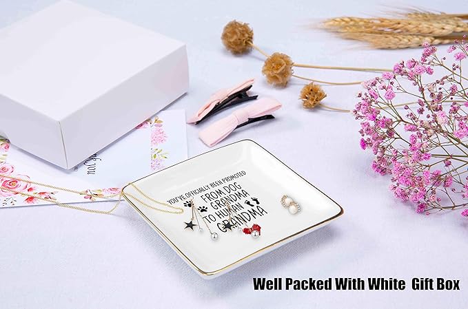 Promoted from Dog Grandma to Human Grandma – Ceramic Jewelry Holder Ring Dish Trinket Tray – Funny New Grandma Gifts - Grandma to Be - Pregnancy Announcement Gift