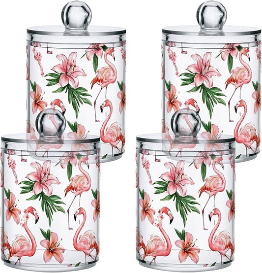 MNSRUU 4 Pack Qtip Holder Organizer Dispenser Pink Watercolor Flamingos Bathroom Containers Bathroom Vanity Storage Canister Apothecary Jars for Cotton Swabs/Pads/Floss