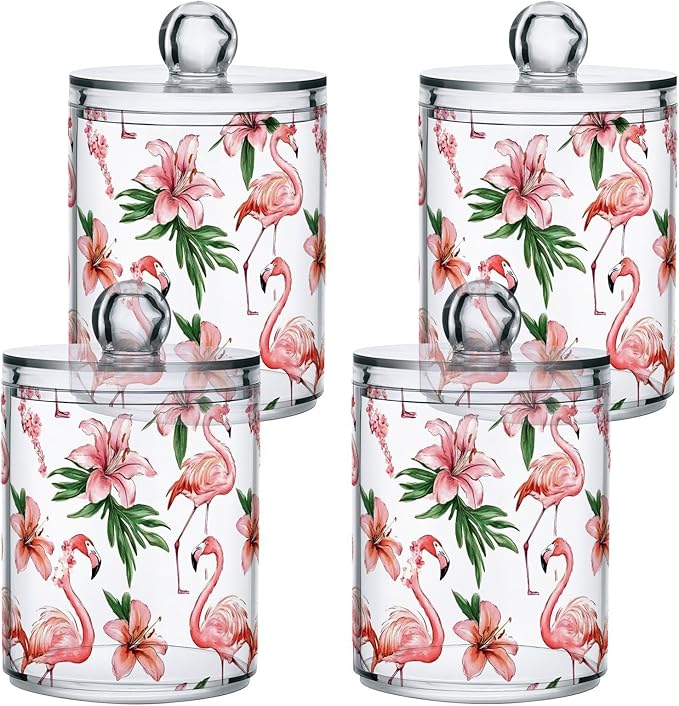 MNSRUU 2 Pack Qtip Holder Organizer Dispenser Pink Watercolor Flamingos Bathroom Storage Canister Cotton Ball Holder Bathroom Containers for Cotton Swabs/Pads/Floss