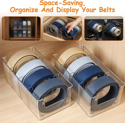 Afcabakila 2-Pack Belt Storage Organizer, Acrylic Belt Organizer with 8 Detachable Compartments, Clear Belts Holder for Closet & Drawer, Fits Most Sizes, Space-Saving Design for Ties, Bows & Jewelry