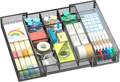 Expandable Desk Drawer Organizer Tray with 10 Adjustable Compartments, Metal Mesh Office Drawer Organizer, Versatile Desk Organizer for Home, School Supplies, Makeup Vanity & Jewelry (Black)