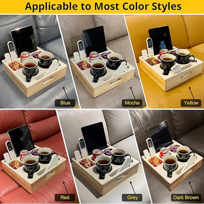 KindGa Couch Cup Holder, Waterproof Anti-Spill Couch Drink Holder for Snacks Beverage Remote, Food Grade Silicone Wooden Couch Caddy for Bed Car Seat Beach Tray (Beige)