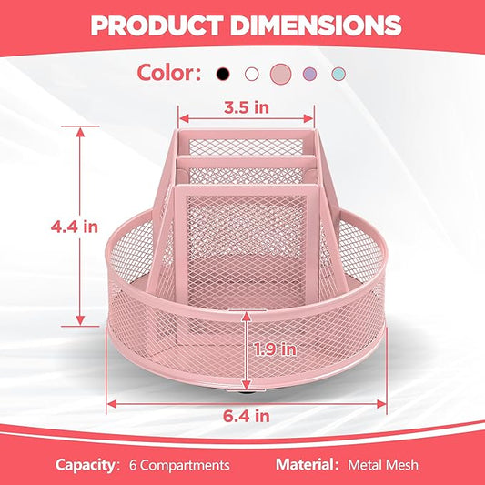 Docnest Mesh 360 Degree Rotating Pen Holder with 6 Compartment,Metal Pencil Cup Art Supply Storage Box Caddy,Teacher Stationery and Dorm Supplies Desk Organizer for Pencil,Sticky Note,Scissors-Pink
