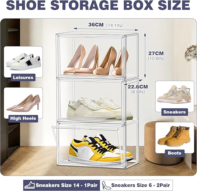EZJOB 12 Pack Clear Shoes Box Shoe Storage Organizer for Closet Stackable Acrylic Handbag Display Case Shoe Organizer for Entryway