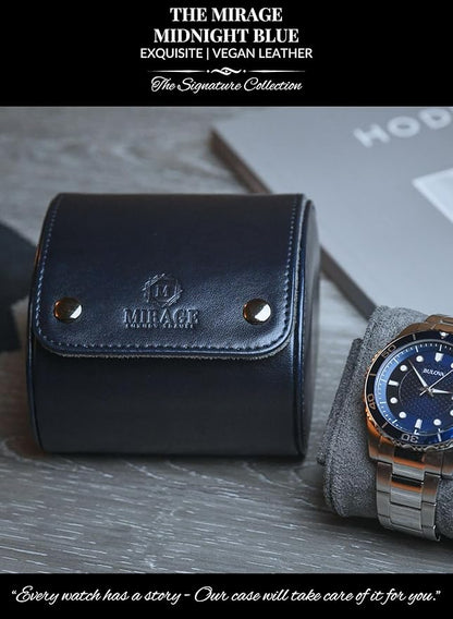 Single Watch Case - 1 Watch Travel Case Holder - Midnight Blue Swiss Motif Vegan Leather