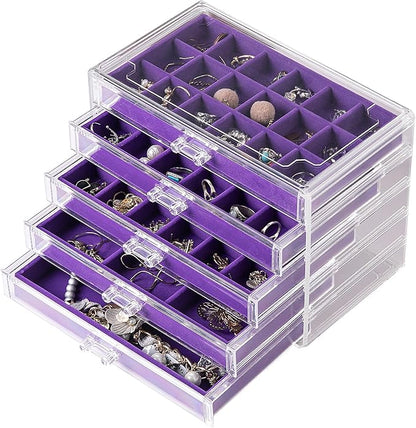 Frebeauty Acrylic Jewelry Organizer Earring Organizer Box with 5 Drawers Earring Holder Organizer with Velvet Trays Clear Jewelry Box for Women Earring Display for Rings Studs(Purple)