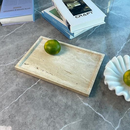 OAIQNUJ Travertine Stone Tray for Coffee Table, 12 x 8 inch Rectangle Marble Vanity Tray for Bathroom Countertop, Decorative Dish for Perfume Jewelry (Beige Travertine)