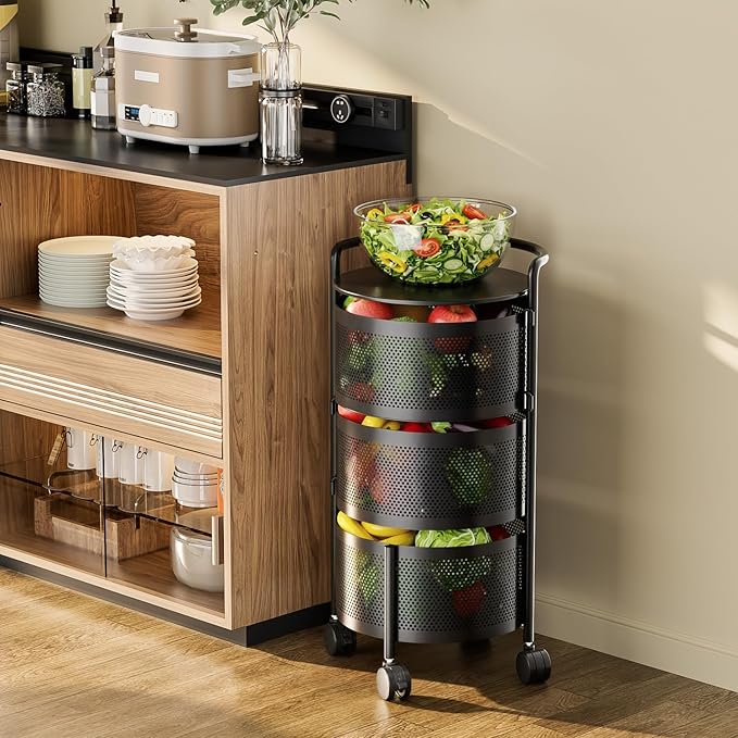 JAQ Rotating Storage Shelves Rack for Kitchen, 3-Tier Multi Layer Removable Basket Shelf Organizer on Rolling Wheels for Fruit Vegetable Grocery Corns Potato Onion (3-Tier, Black)