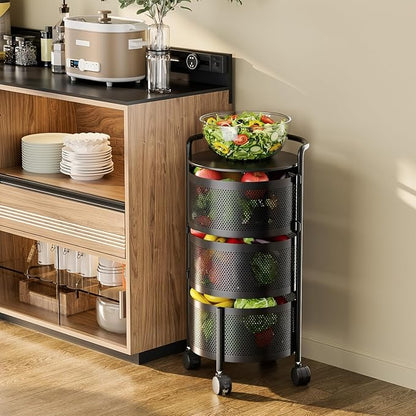 JAQ Rotating Storage Shelves Rack for Kitchen, 3-Tier Multi Layer Removable Basket Shelf Organizer on Rolling Wheels for Fruit Vegetable Grocery Corns Potato Onion (3-Tier, Black)