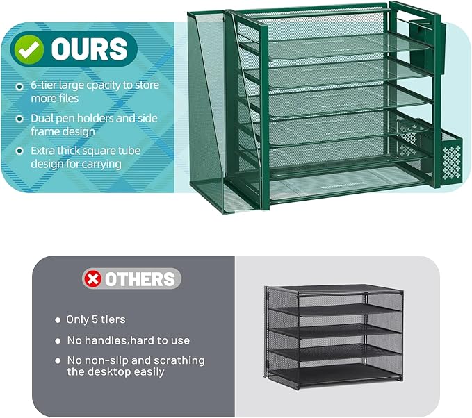 Simple Trending 6 Tier Desk File Organizer, Paper Letter Tray Organizer with File Holder and Pen Container, Green