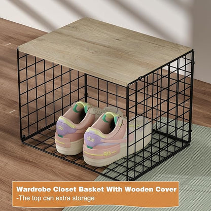 Wider Stackable Closet Organizers and Storage with Wood Top, 3 Pack Closet Shelf Organizer, Double Storage Design, Clothes Storage Cube/Bins Organizer for Wardrobe, Space-Saving, Black,Sturdy,Metal