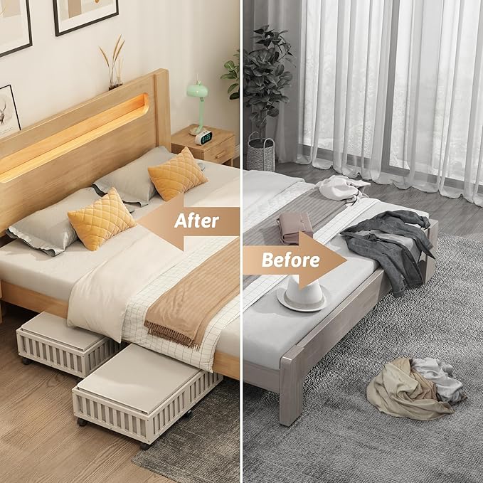 Bamboo Under Bed Storage Containers with Wheels, 2 Pack Large Under the Bed Shoe Storage Bins, Wood Rolling Underbed Drawers Organizer for Bedroom Closet Clothes Blanket Under Crib Toy White