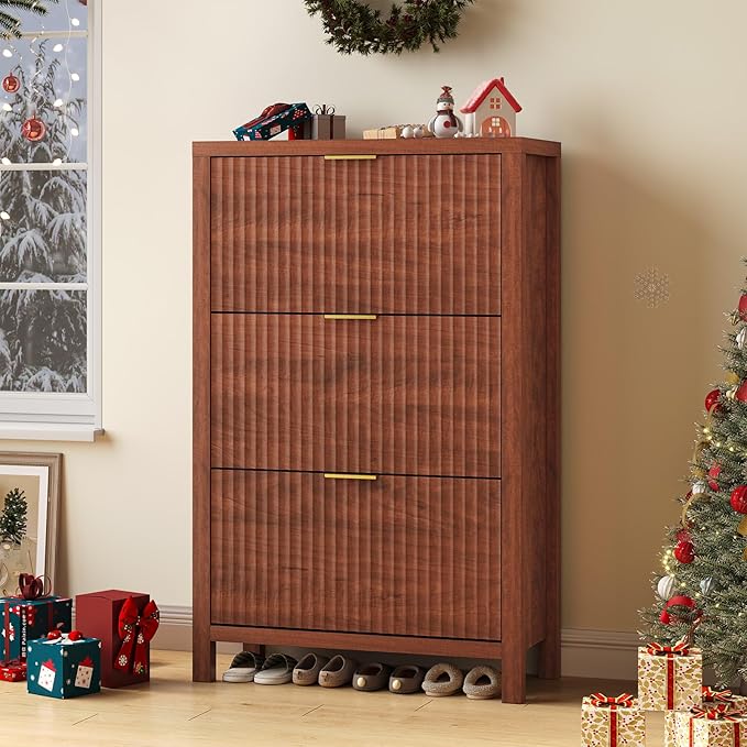 YOMILUVE Shoe Cabinet Storage for Entryway, Fluted Shoe Cabinet with 3 Flip Drawers, Hidden Shoe Rack Tall Freestanding Shoe Organizer with Legs for Hallway, Walnut