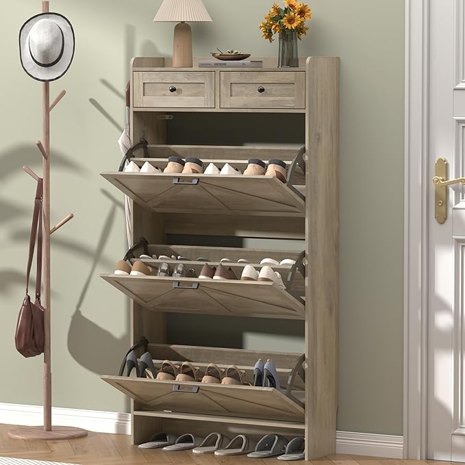 Shoe Cabinet with 3 Flip Drawers & 2 Storage Drawers, Rustic Farmhouse Narrow Shoe Organizer Cabinet, Slim Shoe Rack Cabinet, Shoe Storage Cabinet for Entryway, Hallway, Front Door