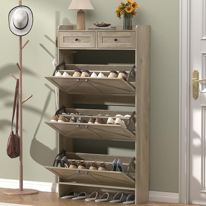 Shoe Cabinet with 3 Flip Drawers & 2 Storage Drawers, Rustic Farmhouse Narrow Shoe Organizer Cabinet, Slim Shoe Rack Cabinet, Shoe Storage Cabinet for Entryway, Hallway, Front Door