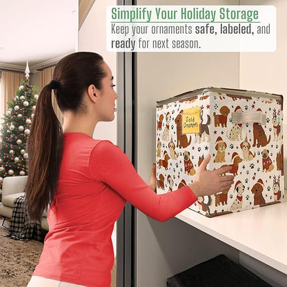 VENO 2 Pack Christmas Ornament Storage Box, Stores up to 64 Holiday Ornaments, Adjustable Dividers, Zippered Top, Storage bins with lids for holiday decorations-3 Inch Cube Compartments (Holiday Pups)