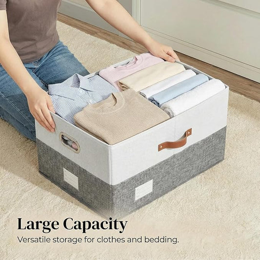 PRANDOM Storage Bins with Lids [3-Pack] Linen Fabric Foldable Storage Boxes Organizer Containers Baskets Cube with Cover Grey&White (23.4X15.9X11.4)