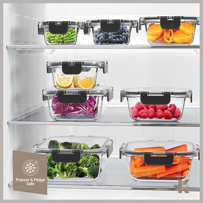 Bakken Borosilicate Glass Food Storage Containers with Lids 16 Pieces, BPA-Free Stackable Lunch & Leftover Containers, Microwave, Freezer & Dishwasher Safe, 100% Airtight Leak-Proof, Black