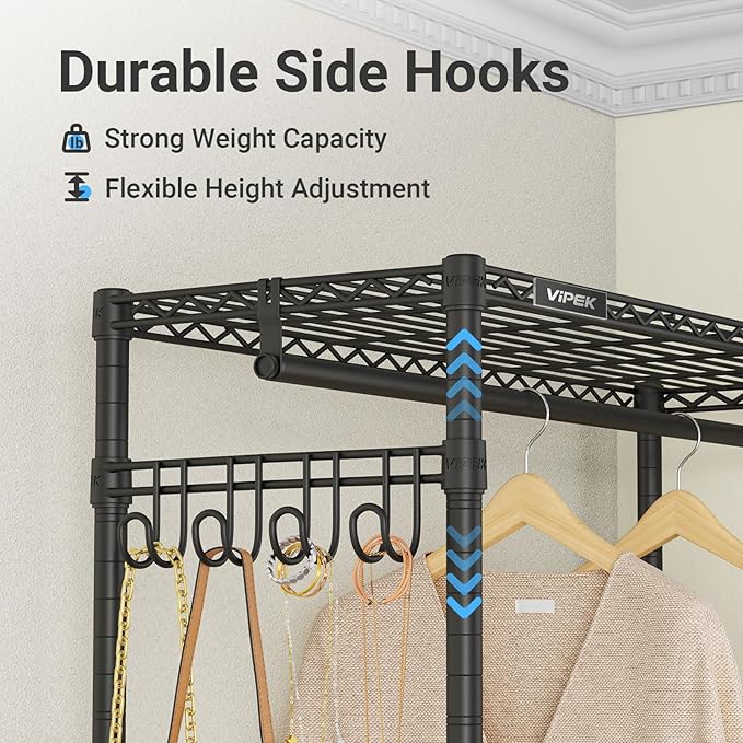 VIPEK R2C Plus Heavy Duty Rolling Garment Rack with Cover Clothing Racks for Hanging Clothes Portable Closets with Adjustable 3 Wire Shelves, Double Rods, Black Rack with Grey Upgarded Polyester Cover