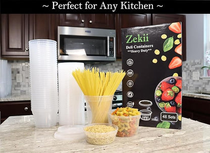 Zekii EXTRA THICK Deli Containers with Lids, [48Sets 16oz] Soup Containers w/Lids Airtight, Disposable, BPA Free, Takeout soup Cups, Meal Prep, Food Storage Containers with Measurements