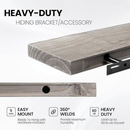 Fun Memories Floating Shelves for Wall Decor, 48"x8" Rustic Reclaimed Wood Shelves, Heavy-Duty Wall Mounted Shelves with Invisible Brackets for Living Room, Bedroom, Kitchen, Grey Finish, Set of 2