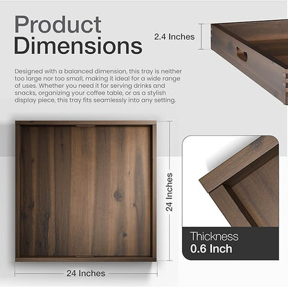24 x 24 inch Acacia Wood Square Ottoman Tray – Large Wooden Tray for Ottoman, Extra Large Ottoman Tray for Living Room, Coffee Table & Decorative Use (Walnut Color)