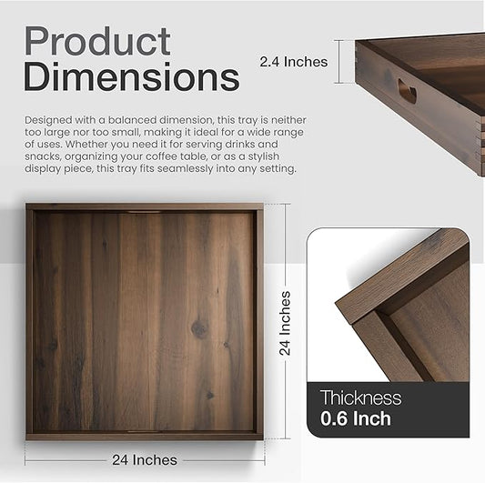 24 x 24 inch Acacia Wood Square Ottoman Tray – Large Wooden Tray for Ottoman, Extra Large Ottoman Tray for Living Room, Coffee Table & Decorative Use (Walnut Color)