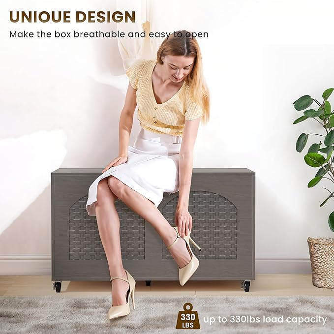Storage Chest, Rattan-Style Toy Storage Bench with Lid and Wheels, Square Storage Trunk for Entryway, Bedroom, Living Room(Gray)
