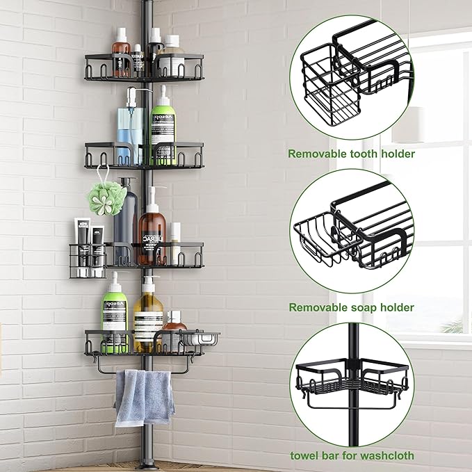 Clothink Corner Shower Caddy Tension Pole 4 Tier Adjustable Stainless Steel Shower Shelf for Inside Shower Bathtub Shampoo,Standing Bathroom Organizer Shelves with 39 to 113 inch Height