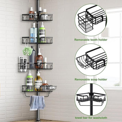 Clothink Corner Shower Caddy Tension Pole 4 Tier Adjustable Stainless Steel Shower Shelf for Inside Shower Bathtub Shampoo,Standing Bathroom Organizer Shelves with 39 to 113 inch Height