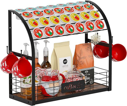 Metal K Cup Holder, 2 Tier Coffee Bar Organizer with 4 Coffee Mug Hooks, Multi-functional Countertop Coffee Station Tray Wooden K Cup Organizer - Black