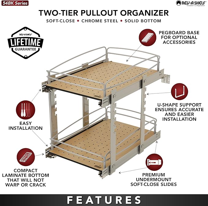 Rev-A-Shelf 2 Tier Pull Out Kitchen Cabinet Storage Organizer with Solid Bottom & Undermount Soft-Close Full Extension Slides, 54BK-15SC-2-1