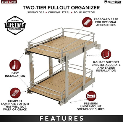 Rev-A-Shelf 2 Tier Pull Out Kitchen Cabinet Storage Organizer with Solid Bottom & Undermount Soft-Close Full Extension Slides, 54BK-15SC-2-1