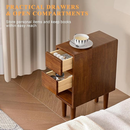 Narrow Nightstand 2 Drawers with Open Shelf Narrow Night Stand Solid Wood Bedside Table Mid Century Modern Nightstand Wooden End Table for Bedroom, Living Room, Study, Office