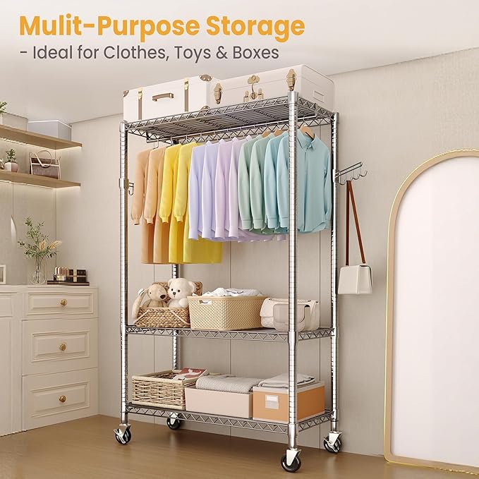 Garvee 3 Tier Clothes Rack with Wheels, Adjustable Shelves & 2 Hanging Rod, Heavy Duty Clothing Rack Closet Organizer Freestanding Wardrobe for Hanging Clothes, 75.6" H x 45.3" W x 15.8" D, Silver