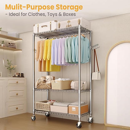 Garvee 3 Tier Clothes Rack with Wheels, Adjustable Shelves & 2 Hanging Rod, Heavy Duty Clothing Rack Closet Organizer Freestanding Wardrobe for Hanging Clothes, 75.6" H x 45.3" W x 15.8" D, Silver