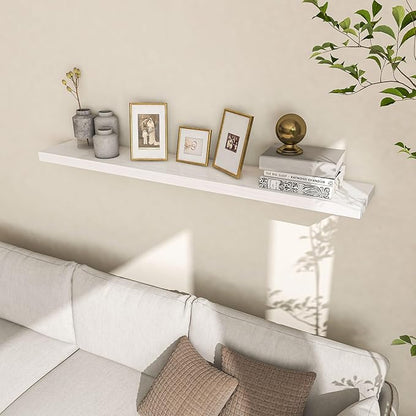 Fun Memories 48 Inch Floating Shelves for Wall, Deep Rustic Solid Pine Wood Shelf - Farmhouse Wall Mounted Display Shelf with Heavy-Duty Metal Bracket, 48" W x 8" D, Set of 1, White