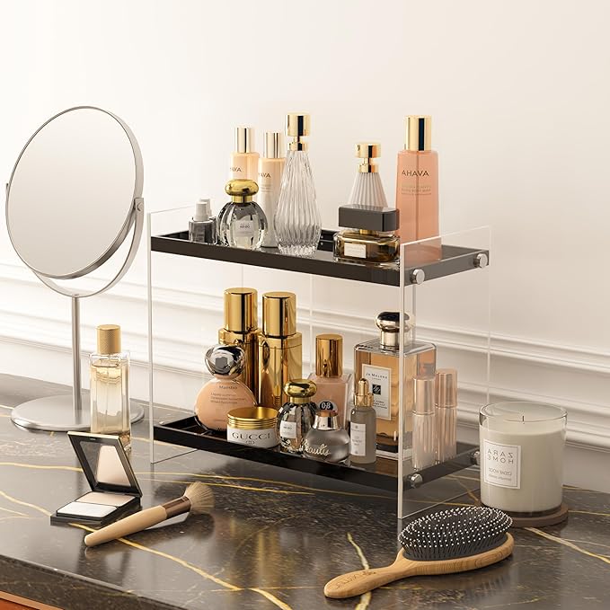 ATZYmolin Acrylic Bathroom Countertop Organizer Skincare Corner Shelf for Lotion Cosmetic Makeup, Counter Vanity Storage Perfume Tray Kitchen Spice Rack 2 Tier