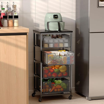 4-Tier Fruit Vegetable Storage Cart - Kitchen Organizer and Storage Cart with Wheels, Wooden Top Metal Wire Fruit Vegetable Rack Stand with Drawers to Storage Cans Snacks for Kitchen(Patent Pending)