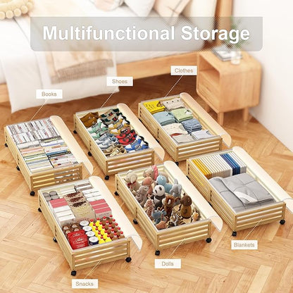 Wisuce Home Under Bed Storage Containers With Wheels - 2 Pcs Large Bamboo Wood Rolling Underbed Shoe Storage Bins With Dust Bags for Clothes Blankets, Duvet Covers Snacks Toys (Natural)