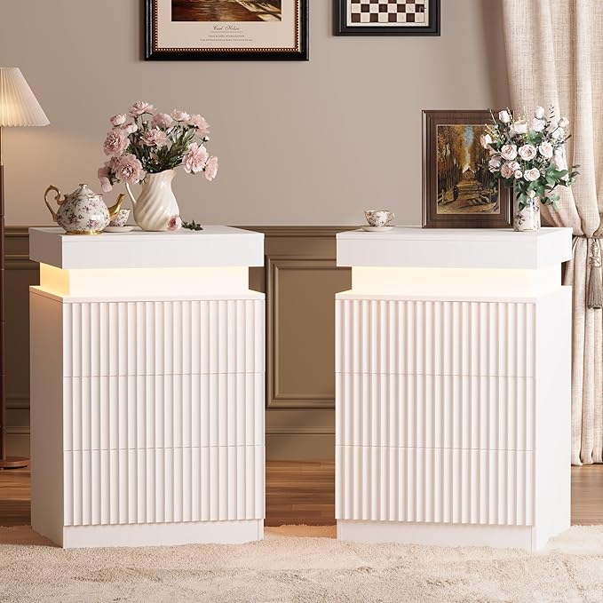 BOXACTION White Nightstand with 3 Drawers and LED Light, Mid Century Modern Fluted Night Stand with Charging Station, Bedside Table & End Table for Bedroom
