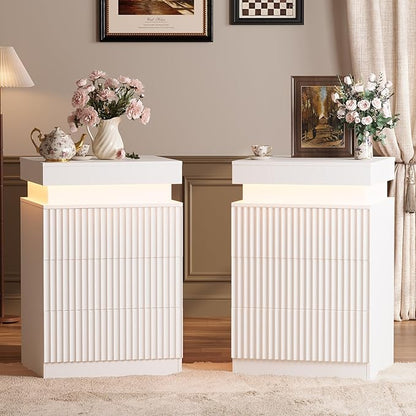 BOXACTION White Nightstand with 3 Drawers and LED Light, Mid Century Modern Fluted Night Stand with Charging Station, Bedside Table & End Table for Bedroom