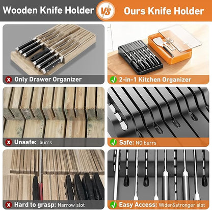 MAD SHARK 2-in-1 Detachable Knife Block & Silverware Organizer, Drawer Knife Holder for 10 Knives, BPA-Free, Blade-Safe Slots, Save Counter Space, Kitchen Drawer or Counter Storage, No Knives