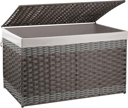 OIAHOMY Storage Basket with Lid, 42.3 Gallon (160L) Blanket Basket with Removable Liner Bag, Synthetic Wicker Hamper with Handle, Foldable, Hamper for Living Room, Grey