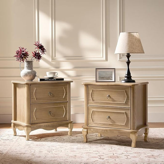HULALA HOME Nightstand Set of 2 with 2 Drawers of Sculpted Drawer Front, French End Table with Curved Tabletop, Vintage Night Stand with Charging Station, Solid Wood Legs(Oak)